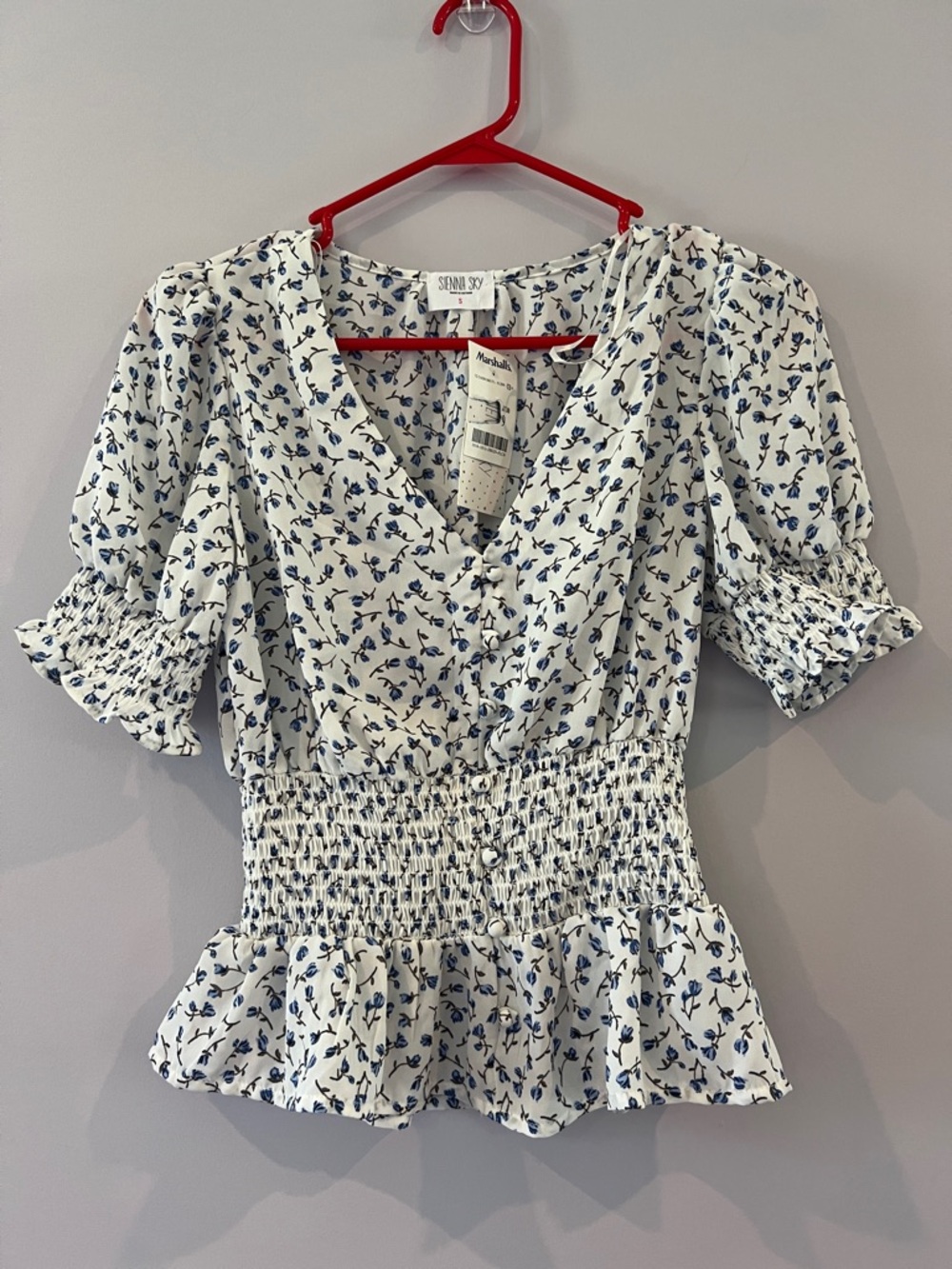 Sundry White Blouse with Blue Floral Print
